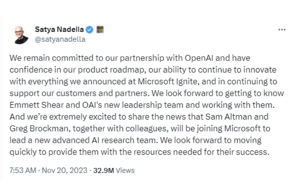 Microsoft CEO Satya Nadella Tweet about Sam Altman